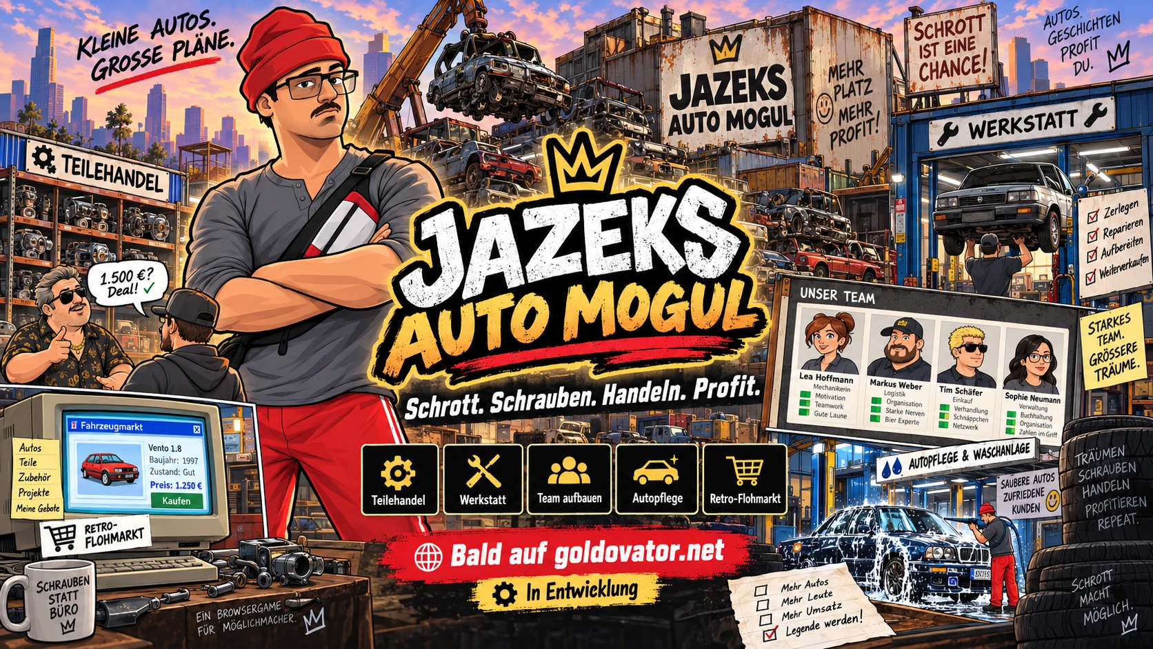 Jazeks Auto Mogul: Schrottplatz, Werkstatt, Teilehandel, Team und Autowaschanlage